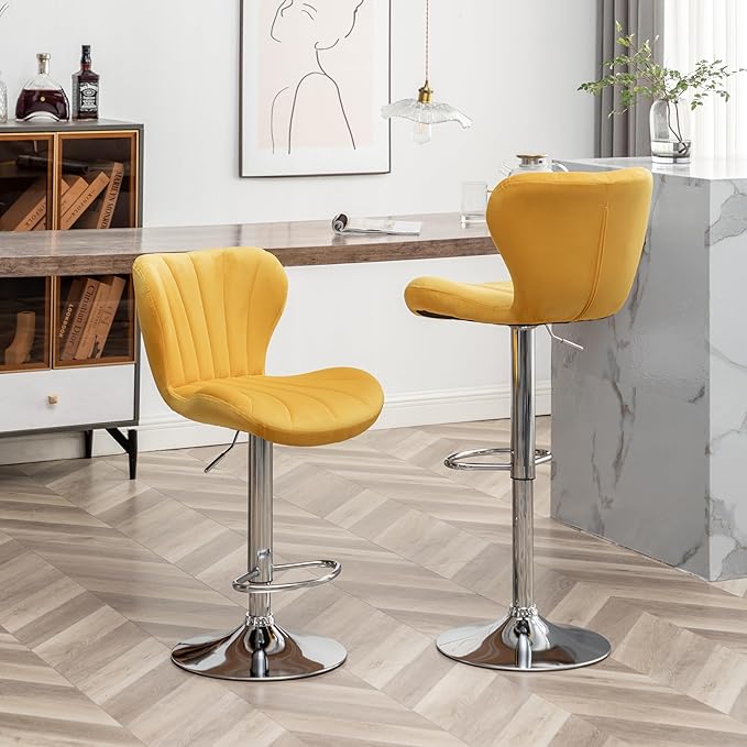 Roundhill Furniture Ellston Velvet Adjustable Swivel Barstools in Yellow - Image 5