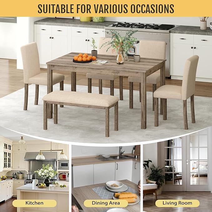 6-Piece Solid Wood Dining Table Set, Including 1 Dining Table, 4 Upholstered - Image 6