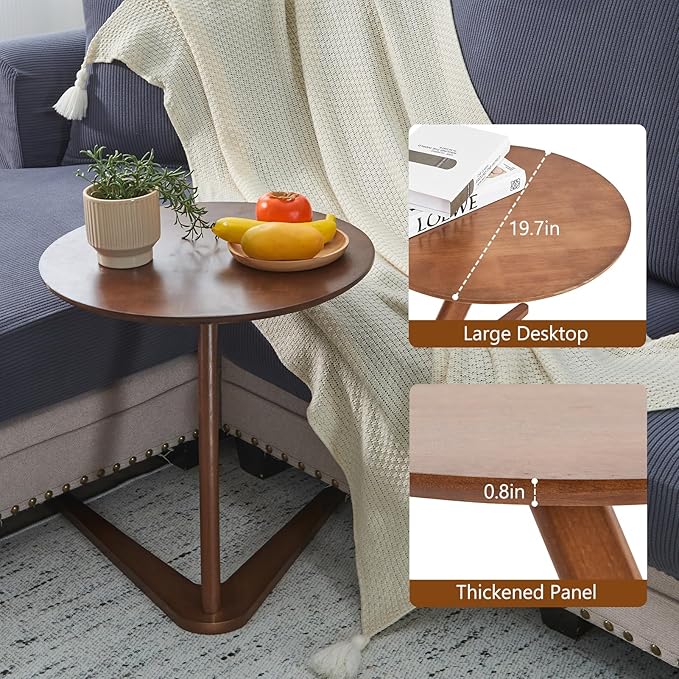 CozyDH Round End Table, Solid Wood C Shape Round Side Table, Walnut Coffee - Image 4