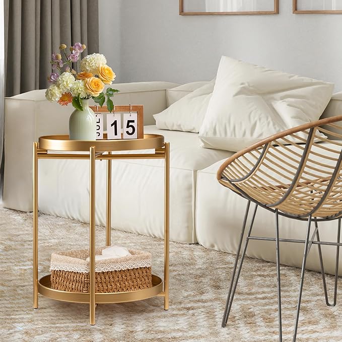TeoKJ 2 Tier Round Side Table, Folding Metal Small Bedside Nightstand for - Image 2