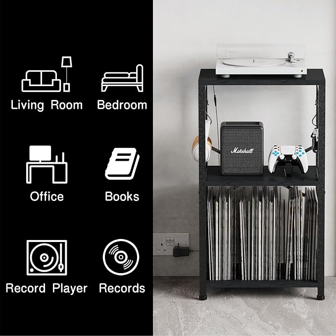End Table with LED Light, Record Player Stand with Albums Storage, Vinyl - Image 6