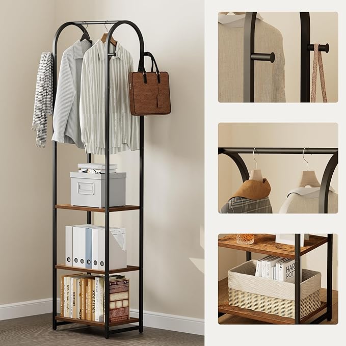 Garment Rack, Coat Rack With 3 Shelves and 4 Hooks, Hanging Rod - Image 3