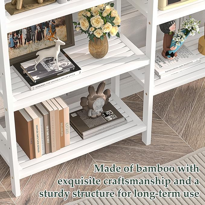 Homykic Double Wide Bamboo Bookshelf White, 6-Tier Large Open Bookcase - Image 8