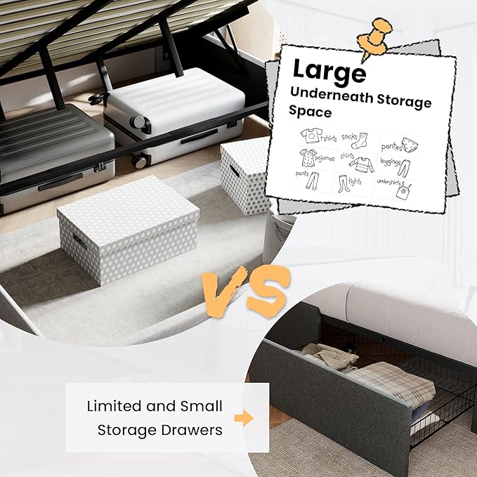 SHA CERLIN Queen Size Lift Up Storage Bed/Modern Wingback Headboard/Upholstered - Image 4