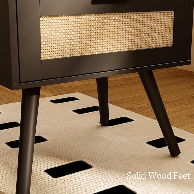 Rattan Nightstand with Charging Station, Farmhouse Bedside Table with 2 Storage - Image 7