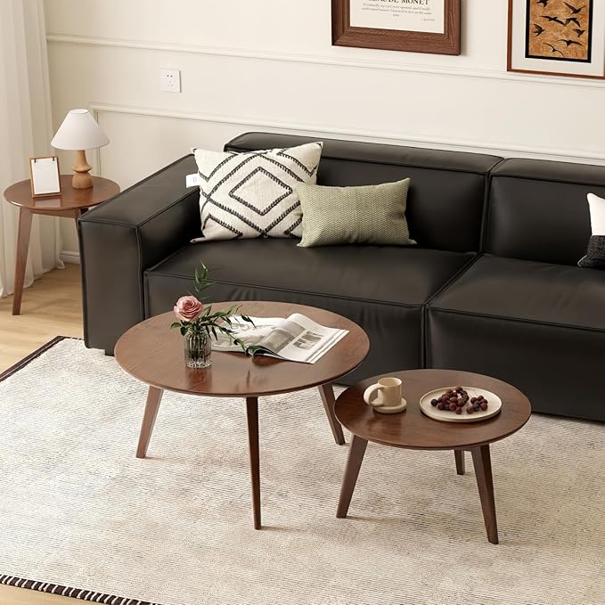 100% Solid Oak Wood Coffee Table Set, Round Coffee Table Combo Side Table by Vadisun