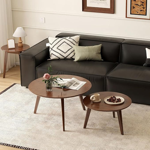 100% Solid Oak Wood Coffee Table Set, Round Coffee Table Combo Side Table by Vadisun
