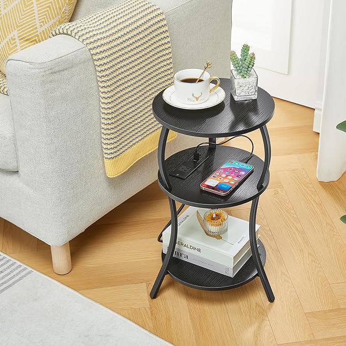 Small Round Side Table with Charging Station, 3-Tier Waist Circular End Table - Image 2
