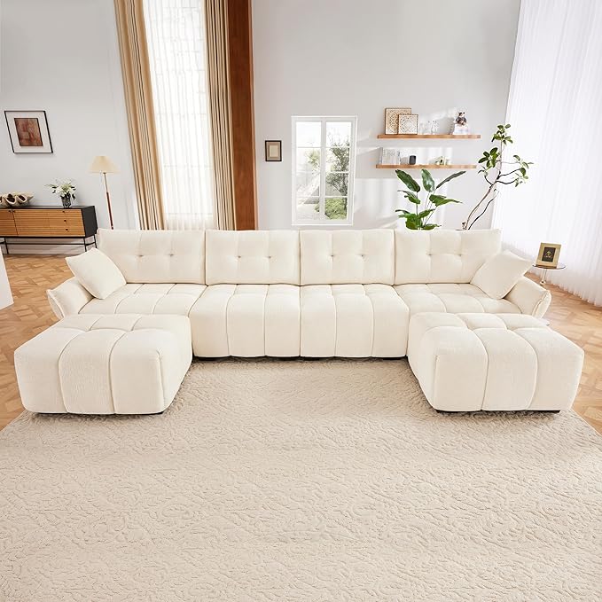Modern Chenille Fabric 4-Seat Sofa w/Two Ottoman+2 Pillows, Premium Upholstery - Image 3