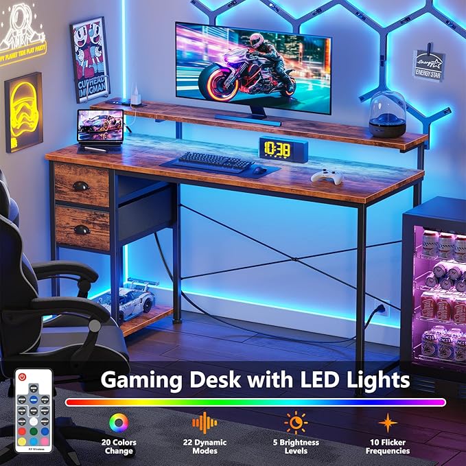 55 Inch Computer Desk with Power Outlets & LED Lights, Home Office Desk with - Image 5