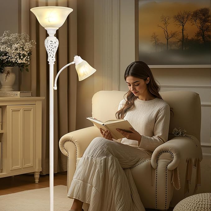 Torchiere Floor Lamp with Adjustable Reading Light, Farmhouse Standing Lamp - Image 6