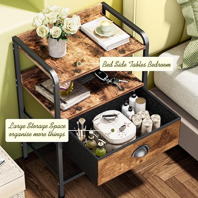 Night Stand Side Table Drawer Nightstand Storage Drawers Bedside Table Metal - Image 4