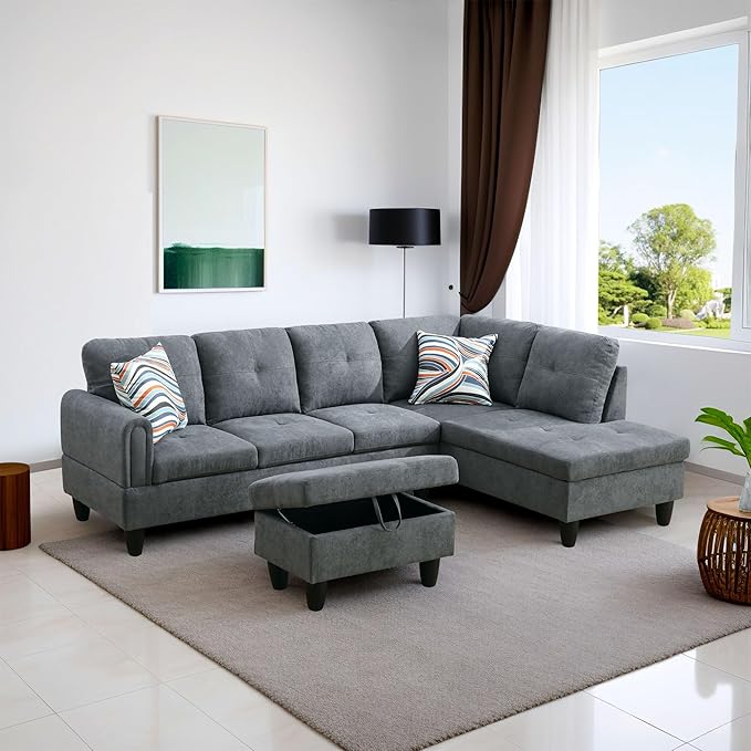 L-Shaped Sectional Sofa with Ottoman, Right-Facing Modern Microfiber Couch - Image 3