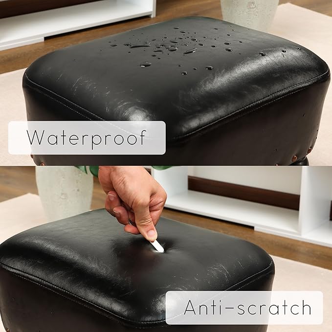 Ottoman Leather Foot Rest with Thicker Foam Padded Seat, Footstool with Wooden - Image 4
