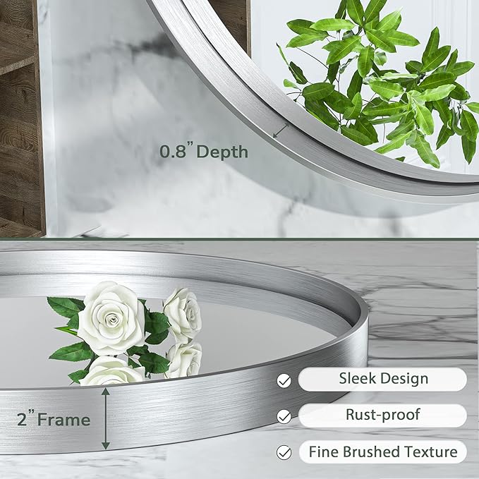 TokeShimi Round Mirror 24 Inch Brushed Silver Round Bathroom Mirror - Image 4