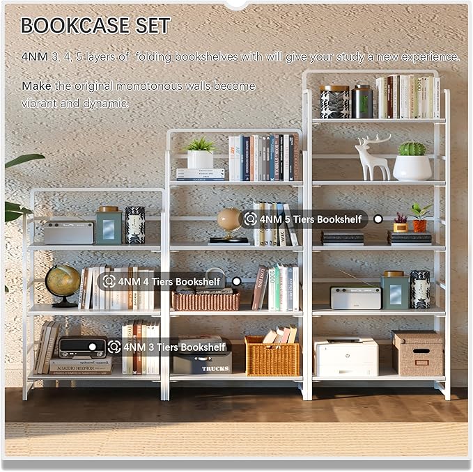 4NM No-Assembly 5 Tiers Folding Bookshelf Storage Shelves Vintage Bookcase - Image 5