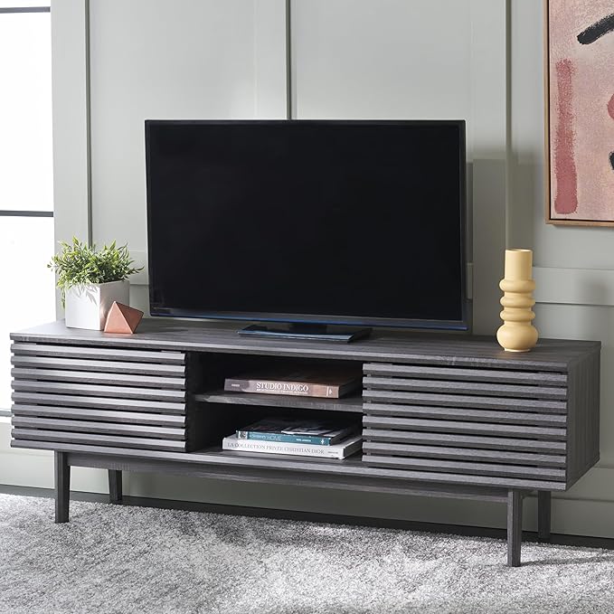 SAFAVIEH Aricia TV Stand for up to 65" Flatscreen – Distressed Black, 2 Sliding by SAFAVIEH