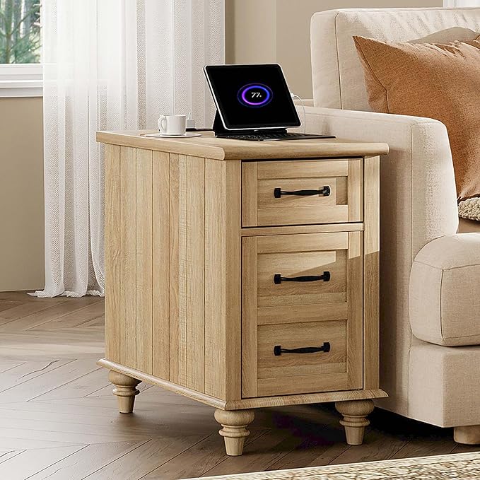 WAMPAT End Table with Charging Station, Wood Side Table with Drawer and Storage by WAMPAT