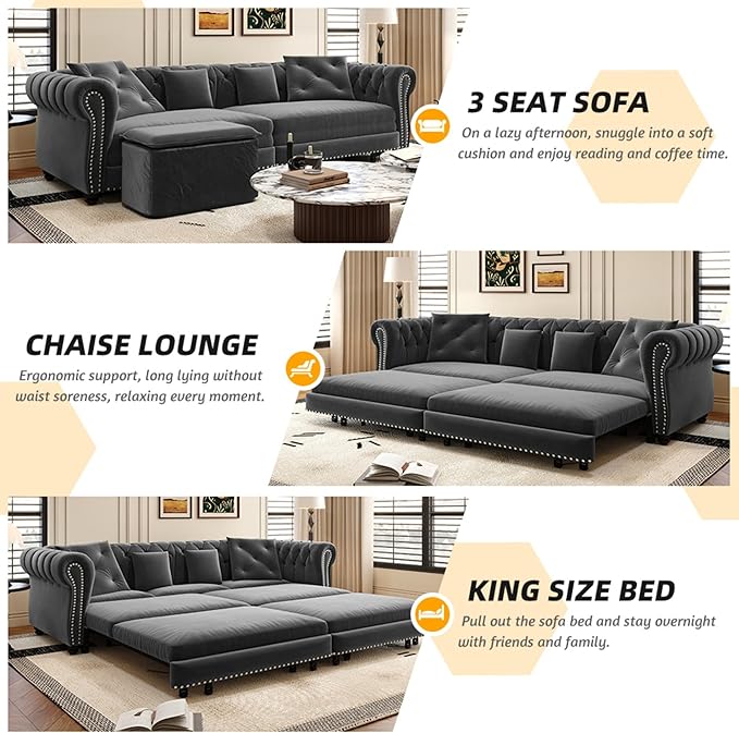 KEIKI 89" W 3-in-1 Pull-Out Convertible Chesterfield Sofa Bed, King Size Velvet - Image 3