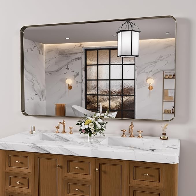 Bronze Bathroom Mirror 55x30 Inch, Brushed Bronze Metal Frame Mirror by JISOSO