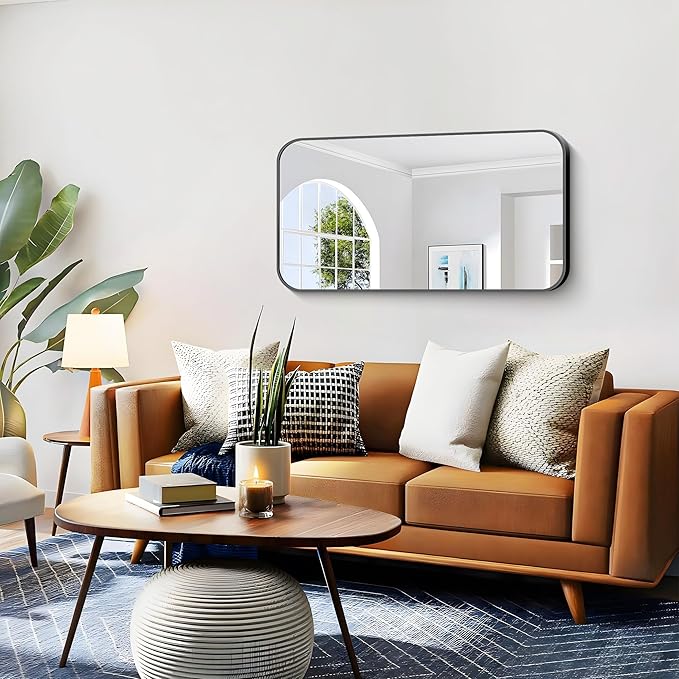 Bathroom Mirror, 48 x 24 inch Black Rectangle Wall Mirror, Metal Framed - Image 3