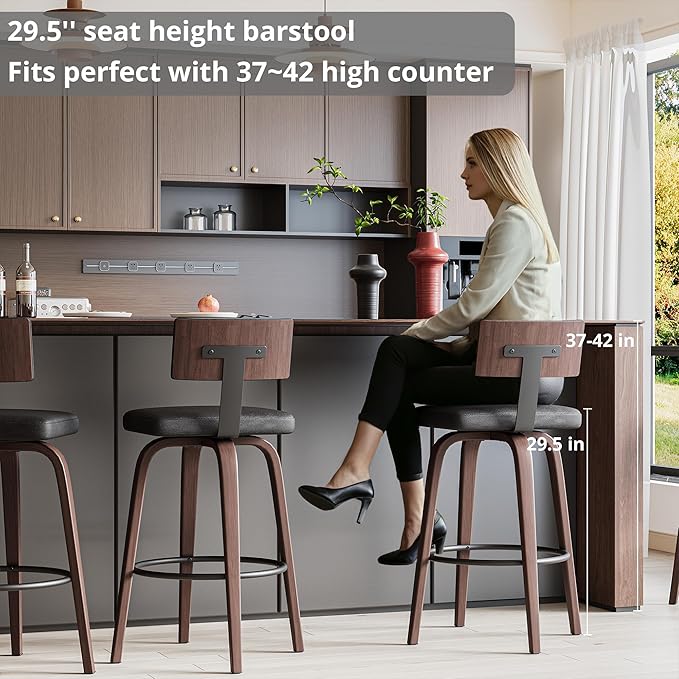 IRONCK Counter Height Bar Stools Set of 2, Wood Texture Bent Legs, Mid-Century - Image 6