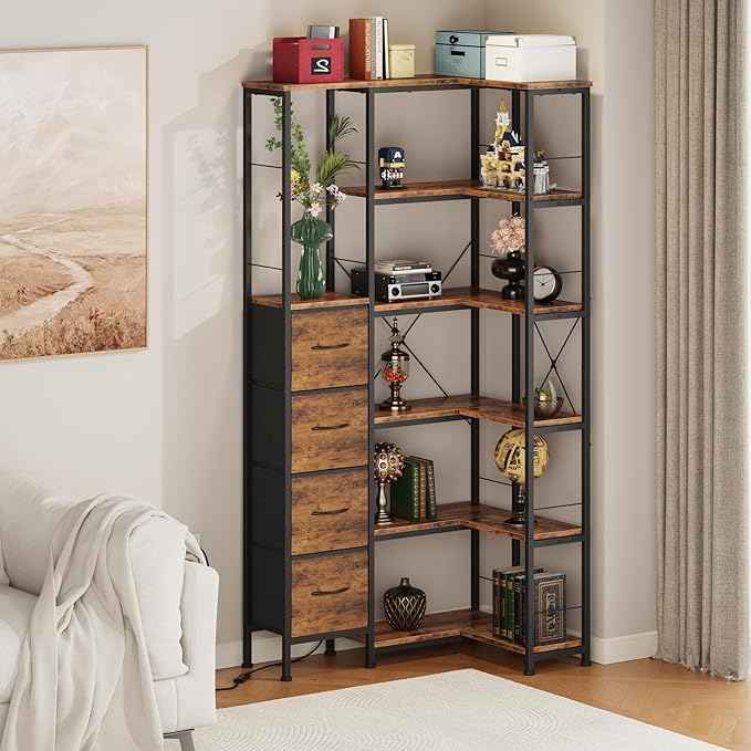 Corner Bookshelf with LED Light Strips & 4 Fabric Drawers, 6-Tier Convertible - Image 8