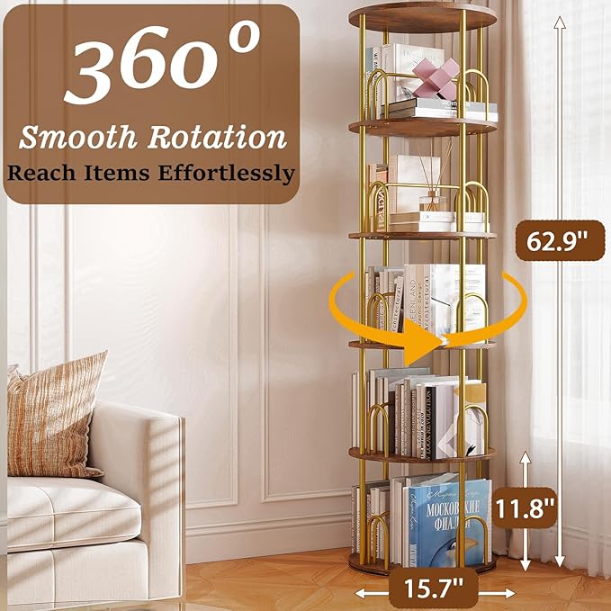 5-Tier Rotating Bookshelf, 360° Round Spinning Book Shelf Tower, Tall Skinny - Image 2