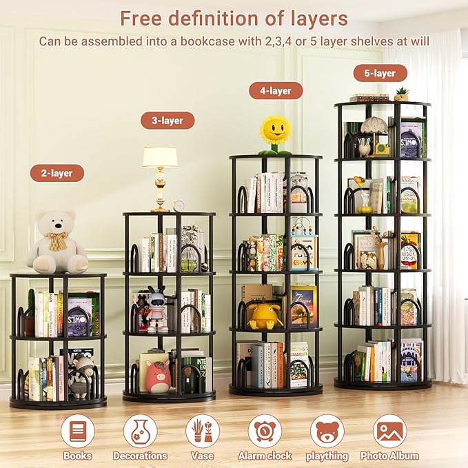Aheaplus 5 Tier Rotating Bookshelf Tower, 360 Display Spinning Bookcase - Image 5