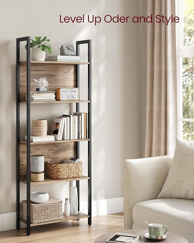VASAGLE 5-Tier Bookshelf, Book Shelf, Industrial Bookcase, - Image 4