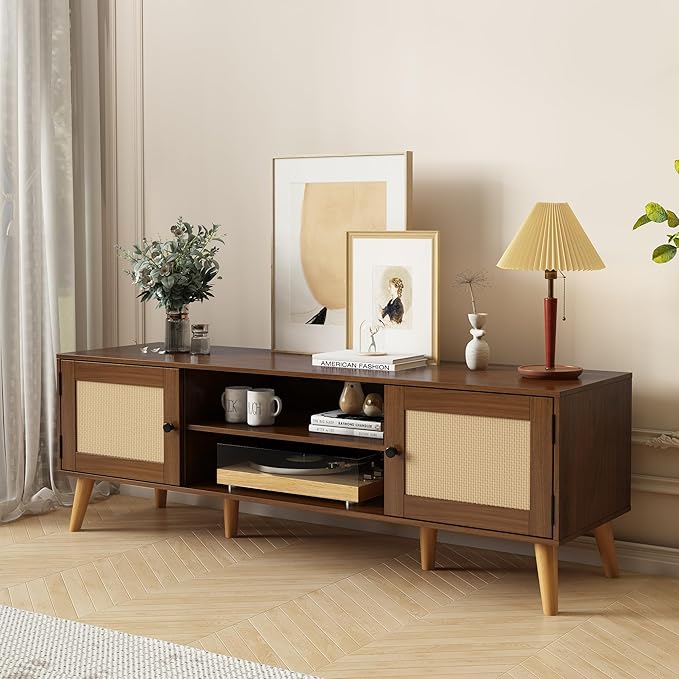 TV Stand for TVs up to 65 inches, Rattan Grain Finish Panel - Image 5
