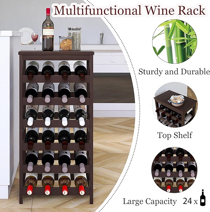 Bamboo Wine Rack, 24 Bottles Wine Display Storage Shelves - Image 2