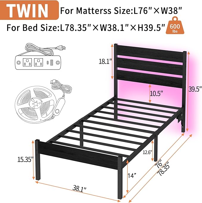 Twin Bed Frame with Headboard, Heavy Duty LED Bed Frame with USB Charging - Image 2