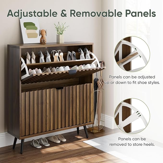 Smuxee Shoe Cabinet with 2 Flip Drawers, 31.5" Walnut Hidden Shoe Storage - Image 4