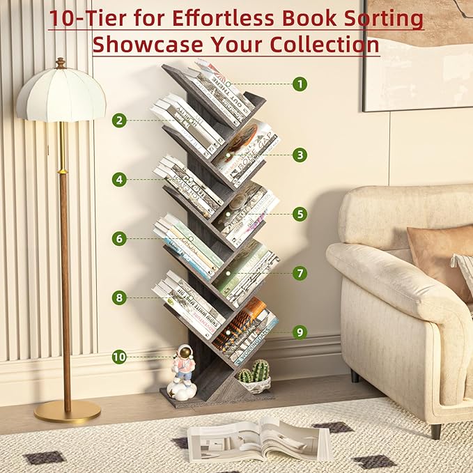 10 Tier Tree Book Shelf, Floor Standing Wood Bookshelf - Image 5