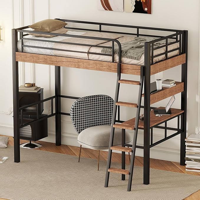 Metal Twin Size Loft Bed with Built-in Desk, Storage Shelf and Ladder, by Unknown