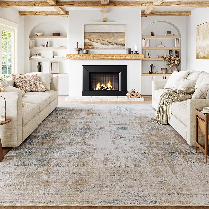 9x12 Washable Area Rug Beige Blue Neutral Abstract Living Room Bedroom Large by WondRg