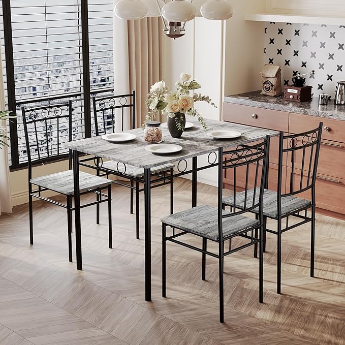 5 Piece Dining Table Set, Modern Metal&Wood Kitchen Dinner Table by ErdoruLiving