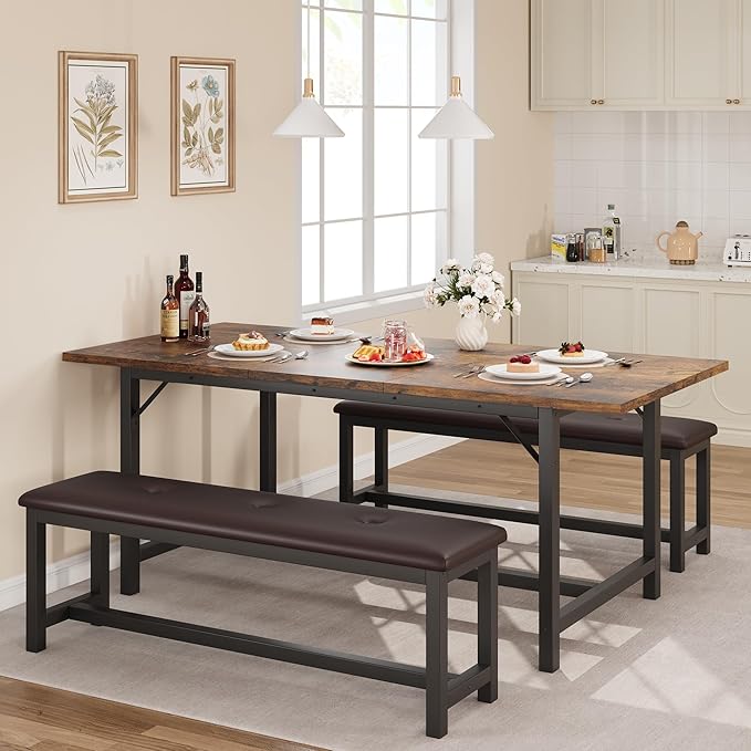 3-Piece Dining Table Set for 4-6 People, Extendable Kitchen Table Set - Image 2