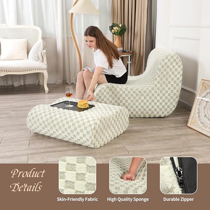 Accent Bean Bag Chair with Footstool, Modern Lazy Sofa Chair with Comfy - Image 5
