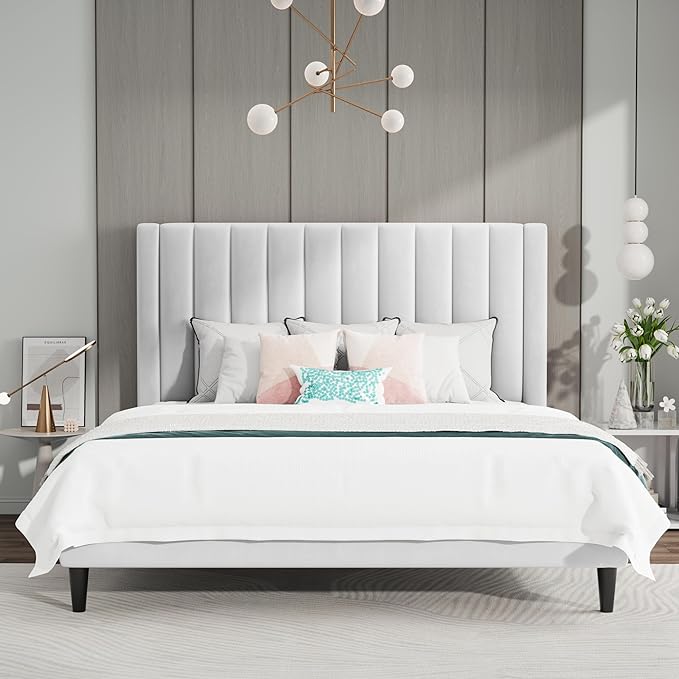 SHA CERLIN Queen Bed Frame/Velvet Upholstered Platform Bed Frame - Image 3