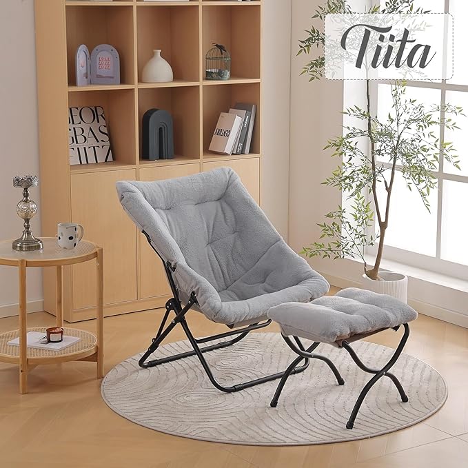 Tiita Folded Chair with Ottoman, Soft Faux Fur Oversized Folding Accent Chair - Image 2