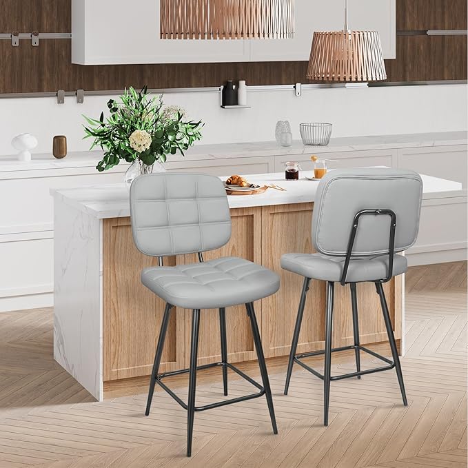 Bar Stools Set of 2, 24 Inch Upholstered Metal Barstool - Image 2