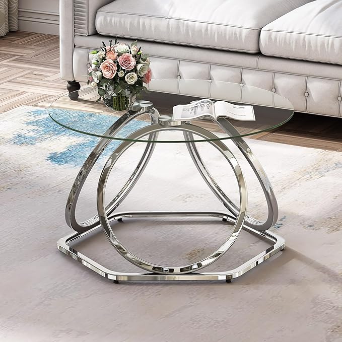 O&K FURNITURE Glass Coffee Table, Modern Silver Coffee Table Living Room Table by OKFURNITURE