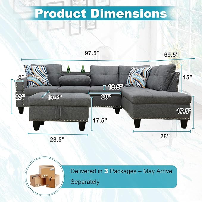97.5" Oversized Sectional Couch, L Shaped Couch - Image 2