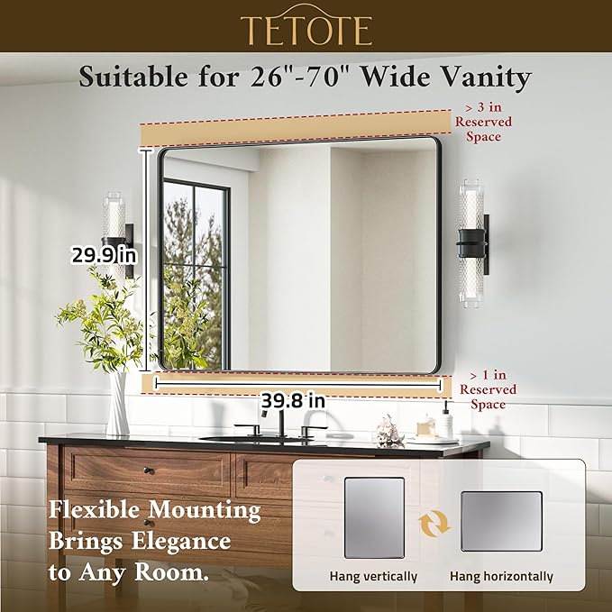 TETOTE Black Mirror 40 x 30 Matte Black Metal Framed Vanity Mirror, Tempered - Image 7