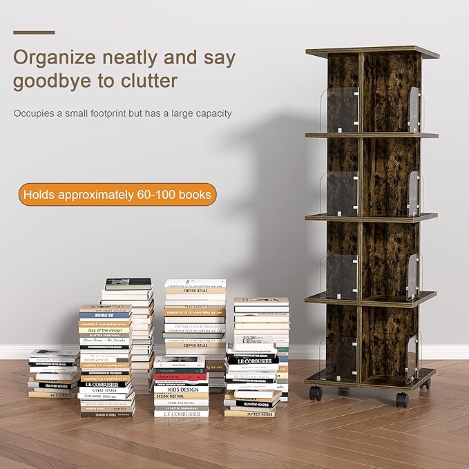 VECELO 4-Tier Rotating Bookshelf, Modern Swivel Bookcase - Image 4