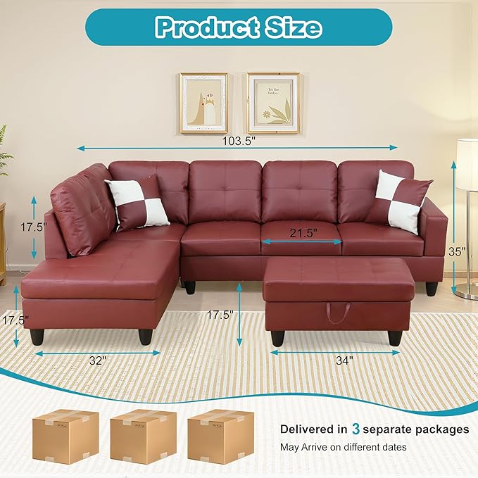 L Shaped Couch Faux Leather Sectional Couch Upholstered 3 Pieces Sofas - Image 2