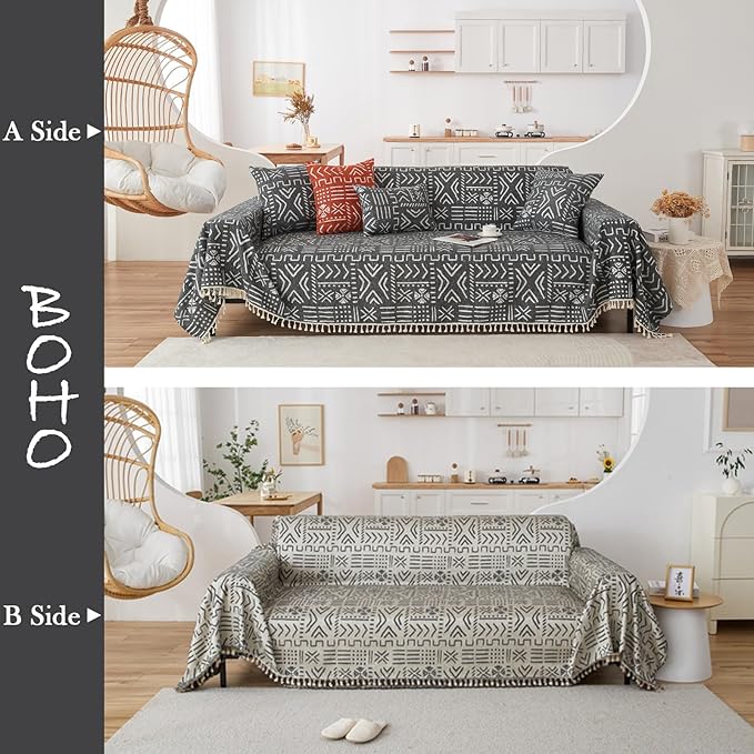 HANDONTIME Black White Boho Sofa Cover Geometric Farmhouse Tassel Couch Covers - Image 2