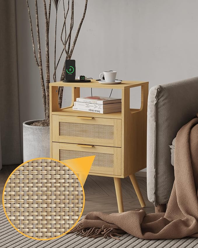 Rattan Nightstand with Charging Station, Modern Bedside Table with 2 Storage - Image 5